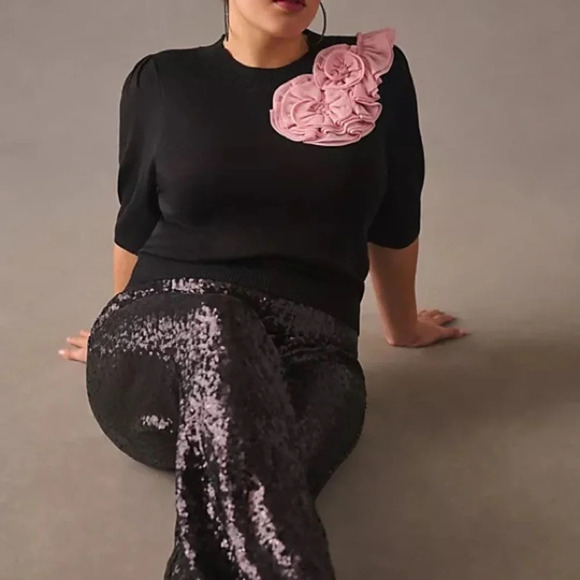 Anthropologie Maeve  Black  Floral Applique Sweater - Picture 4 of 7